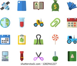 Color flat icon set scissors flat vector, cutting board, lollipop, tractor, earth, wealth, blood test, calendar, tie, satellit, computer, diet, flippers fector, clip, binder, key, book, notebook