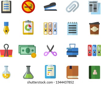 Color flat icon set scissors flat vector, coffe, chemistry, graphic report, cash, news, clipboard, clip, ink pen, folder, copy machine, stapler, notepad, textbook, folders for papers, binder