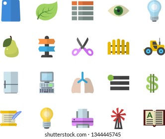 Color Flat Icon Set Scissors Flat Vector, Cutting Board, Fridge, Pear, Windmill, Tractor, Fence, Tree Leaf, Dollar, Lungs, Printer, Bulb, Computer, Hostory Roll, Pointer Fector, Menu, Eye, Book