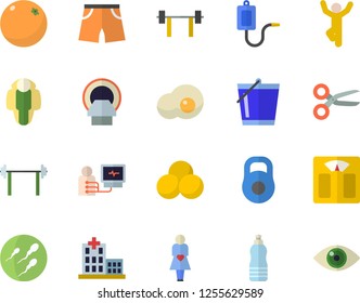 Color flat icon set scrambled eggs flat vector, orange, bucketful, medical warmer, hospital, diagnostics, tomograph, gestation, sperm, barbell, weight, weighing machine, athletic shorts, pills, lose