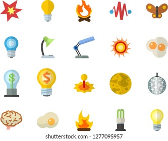 Color flat icon set scrambled eggs flat vector, butterflies, bonfire, lamp, energy saving, laser, idea, reading, moon, spark, brain, electric discharge fector, sun, disco ball