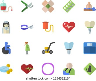 Color flat icon set secateurs flat vector, lawn mower, pill packaging, pills, medical warmer, blood transfusion, disabled, massage, injury, patch, gestation, nurse, implant, heartbeat, hoop