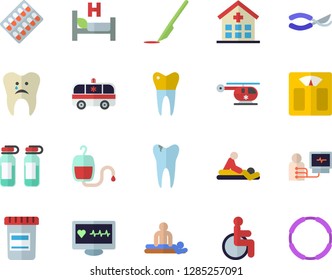 Color flat icon set secateurs flat vector, pill packaging, vial, blood transfusion, computer diagnostics of health, disabled, hospital, bed, massage, ambulance, ampoule, helicopter, scalpel, caries