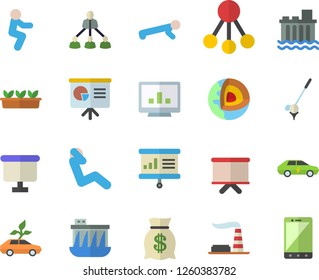 Color flat icon set seedlings flat vector, factory, hydroelectric power station, eco cars, electric, hierarchy, wealth, flipchart, computer chart, presentaition board, core of the earth fector, golf