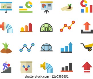 Color flat icon set seedlings flat vector, planting plants, hose irrigation, garden wheelbarrow, greenhouse, fertilizer vectory, statistics, scatter chart, career ladder, presentaition board, upload