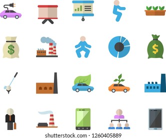 Color flat icon set seedlings flat vector, factory, manufactory, eco cars, electric, wealth, flipchart, clircle diagram, hierarchy, businessman, presentaition board, gymnastics, squats, golf fector