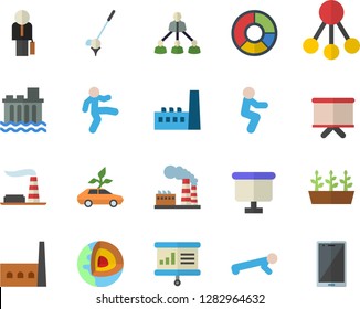 Color flat icon set seedlings flat vector, factory, hydroelectric power station, manufactory, eco cars, hierarchy, flipchart, clircle diagram, businessman, presentaition board, gymnastics, squats