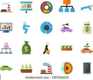 Color flat icon set seedlings flat vector, factory, eco cars, electric, hierarchy, wealth, computer chart, clircle diagram, businessman, presentaition board, core of the earth fector, squats, mobile