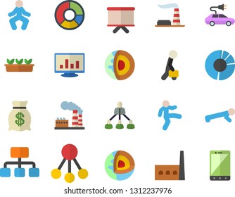 Color flat icon set seedlings flat vector, factory, manufactory, electric cars, hierarchy, wealth, flipchart, computer chart, clircle diagram, businessman, core of the earth fector, gymnastics