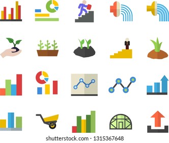 Color flat icon set seedlings flat vector, planting plants, hose irrigation, garden wheelbarrow, greenhouse, chart, statistics, scatter, statistic, point diagram, career ladder, achievement, upload