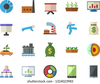 Color flat icon set seedlings flat vector, factory, hydroelectric power station, manufactory, eco cars, wealth, flipchart, computer chart, clircle diagram, hierarchy, core of the earth fector