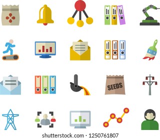 Color flat icon set seeds flat vector, paint brush, power line support, robotics, metallurgy, hierarchy, scatter chart, computer, recruitment, folder, folders for papers, Treadmill, bell, message