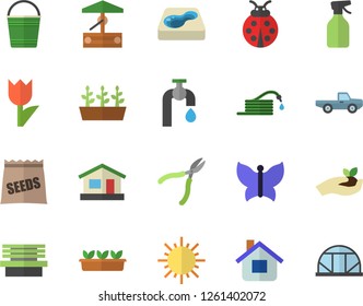 Color flat icon set seeds flat vector, well, pickup truck, pulverizer, ladybird, hose, seedlings, bucketful, tulip, house, water tap, sun, butterflies, bench, pool, greenhouse