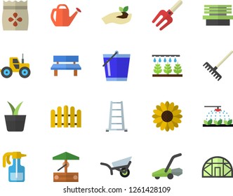 Color flat icon set seeds flat vector, well, home plant, flower, pulverizer, tractor, sprinkling machine, pitchfork, fence, seedlings, rake, watering can, bucketful, ladder, garden wheelbarrow