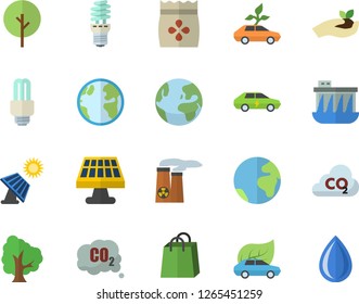 Color flat icon set seeds flat vector, tree, seedlings, solar battery, earth, hydroelectric power station, energy saving lamp, eco cars, electric, carbon dioxide, bags, fector, nuclear plant, drop