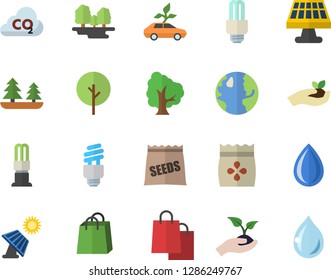 Color flat icon set seeds flat vector, tree, seedlings, solar battery, earth, forest, energy saving lamp, eco cars, carbon dioxide, bags, fector, drop
