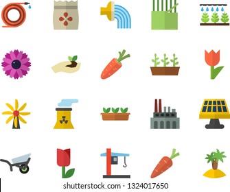Color flat icon set seeds flat vector, carrot, flower, sprinkling machine, hose, seedlings, irrigation, garden wheelbarrow, tulip, solar battery, windmill, plant, fabric manufacture, crane