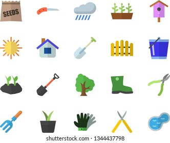 Color flat icon set seeds flat vector, nesting box, home plant, tree, pitchfork, shovel, fence, knife, bucketful, planting plants, gumboots, house, seedlings, sun, gloves, rain, pond