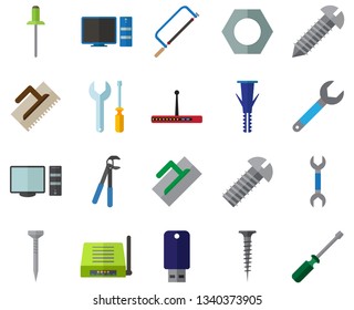 Color Flat Icon Set - server flat vector, computer, USB flash drive, router, toolbox, hacksaw for metal, trowel, wrench, tapping screw, press pliers is, bolt, nut, furniture hardware, rivet