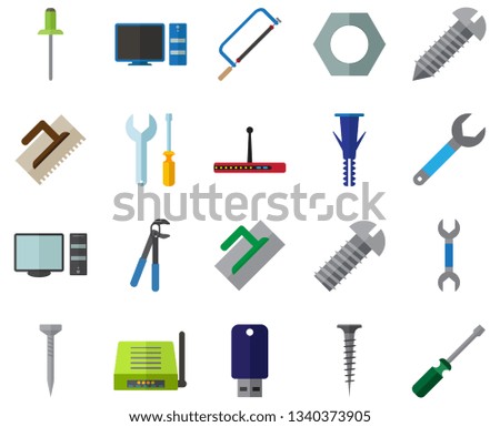 Color Flat Icon Set - server flat vector, computer, USB flash drive, router, toolbox, hacksaw for metal, trowel, wrench, tapping screw, press pliers is, bolt, nut, furniture hardware, rivet