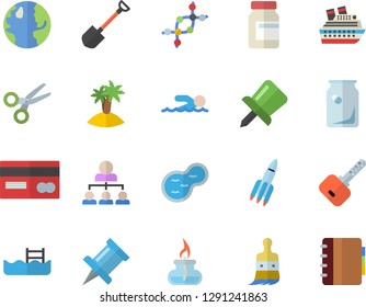 Color flat icon set shovel flat vector, paint brush, pond, earth, glass bottles, credit card, drawing pin, hierarchy, rocket, gas burner, dna, vitamins, swimming, pool, island fector, cruise ship