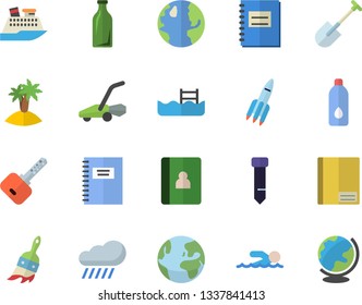 Color flat icon set shovel flat vector, paint brush, lawn mower, rain, earth, glass bottles, notebook, tie, rocket, swimming, water, pool, fector, island, cruise ship, key, globe