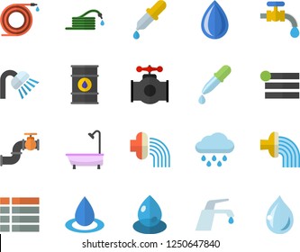 Color flat icon set shower flat vector, faucet, hose, irrigation, water tap, rain, main pipeline, oil tanks, drop, pipette, menu