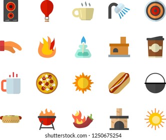 Color Flat Icon Set Shower Flat Vector, Cauldron, Potholder, Fire, Induction Cooker, Barbecue, Hot Dog, Pizza, Peppers, Coffe, Tea, Sun, Fireplace, Coffee, Gas Burner, Balloon Fector