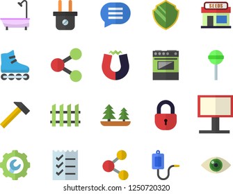 Color flat icon set shower flat vector, repair, fence, hammer, electric stove, lollipop, grain warehouse, forest, plug socket, billboard, molecules, medical warmer, to do list, magnet, roller Skates