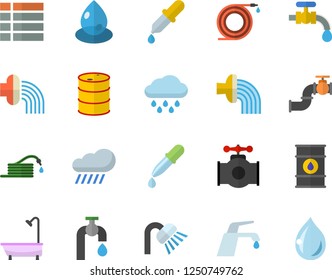 Color flat icon set shower flat vector, faucet, hose, irrigation, water tap, rain, main pipeline, oil tanks, drop, pipette, menu