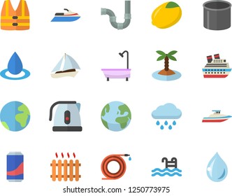 Color flat icon set shower flat vector, pipes, electric kettle, lemon, lemonade, hose, rain, drop, pipe production, radiator, pool, earth fector, sailboat, island, life vest, water scooter, yacht