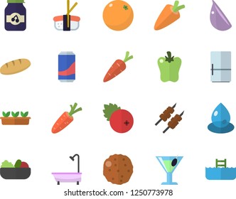 Color flat icon set shower flat vector, fridge, carrot, bread, salad, shashlik, cutlet, garlic, bell pepper, sashimi, lemonade, cocktail, jam, cranberry, orange, seedlings, drop, pool fector