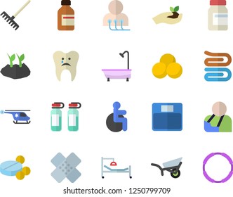 Color flat icon set shower flat vector, towel, seedlings, rake, planting plants, garden wheelbarrow, pills, vial, disabled, hospital bed, injury, patch, diagnostics, ampoule, helicopter, caries