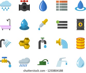 Color flat icon set shower flat vector, faucet, honeycomb, hose, irrigation, water tap, rain, main pipeline, oil tanks, drop, pipette, menu