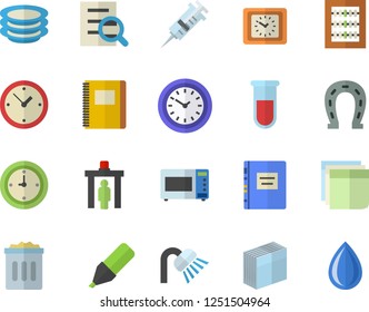 Color flat icon set shower flat vector, microwave, plates, horseshoe, marker, clock, blood test, syringe, abacus, magnifier, sticker, textbook, notebook, control gate fector, trash can, drop