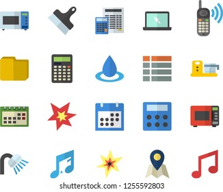 Color flat icon set shower flat vector, calculator, putty knife, microwave, food processor, drop, phone call, calendar, computer file, laptop, spark, location fector, menu, note