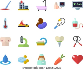 Color flat icon set shower flat vector, legumes, thermometer, carrot, drop, pills, blood transfusion, computer diagnostics of health, hospital, microscope, massage, tomograph, nurse, breast, scalpel