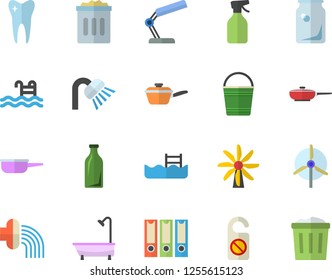 Color flat icon set shower flat vector, frying pan, saute, pulverizer, bucketful, hose irrigation, windmill, glass bottles, tooth, reading lamp, folders for papers, pool, do not disturb fector