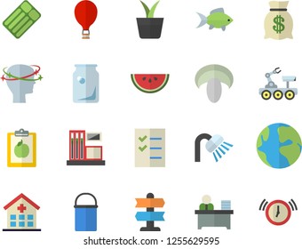 Color flat icon set shower flat vector, hiking pot, watermelon, mushroom, fish, home plant, gas station, glass bottles, earth, wealth, hospital, headache, office worker, to do list, lunar rover