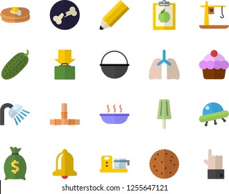 Color flat icon set shower flat vector, pipes, cauldron, food processor, biscuit, pancakes, cake, soup, cucumber, ice cream, crane, wealth, bone fracture, lungs, pencil, ufo, diet, bell, indicate
