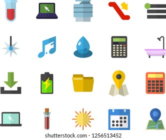 Color flat icon set shower flat vector, sun, battery, drop, laser, location, blood test, calendar, computer file, copy machine, laptop, calculator, escalator fector, menu, download, note