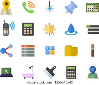 Color flat icon set shower flat vector, putty knife, sun, drop, laser, location, phone call, calculator, blood test, calendar, computer file, laptop, pushpin, share, menu