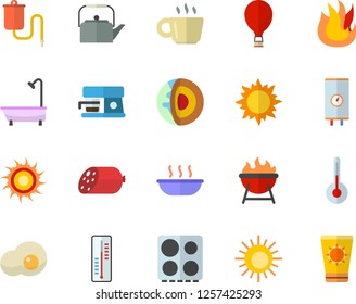 Color flat icon set shower flat vector, boiler, teapot, electric stove, fire, coffee machine, temperature, barbecue, sausage, soup, scrambled eggs, thermometer, sun, medical warmer, balloon