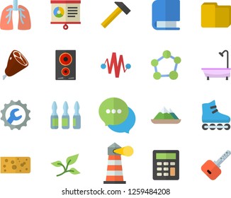 Color flat icon set shower flat vector, repair, hammer, induction cooker, cheese, ham, tree leaf, lighthouse, chat, ampoule, lungs, chart, computer file, calculator, book, molecule, roller Skates