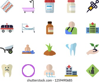 Color flat icon set shower flat vector, seedlings, planting plants, garden wheelbarrow, pill packaging, vial, syringe, hospital, bed, massage, injury, ambulance, diagnostics, caries, broken tooth
