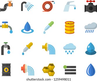 Color flat icon set shower flat vector, faucet, honeycomb, hose, irrigation, water tap, rain, main pipeline, oil tanks, drop, pipette, menu