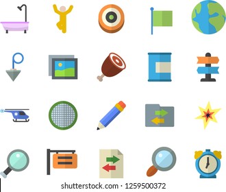 Color flat icon set shower flat vector, construction plummet, sieve, ham, signboard, magnifier, earth, flag, helicopter, pencil, spark, target, gymnastics, proteins, pointer fector, gallery