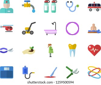 Color flat icon set shower flat vector, secateurs, seedlings, water tap, lawn mower, medical warmer, physician, stethoscope, massage, ambulance, ampoule, helicopter, gestation, scalpel, heartbeat
