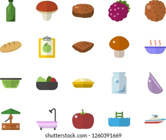 Color flat icon set shower flat vector, colander, mushroom, bread, salad, soup, pie, chop, cutlet, garlic, tomato, blackberry, well, glass bottles, diet, pool fector, yacht