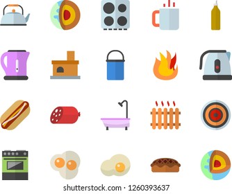 Color flat icon set shower flat vector, hiking pot, teapot, electric kettle, stove, fire, induction cooker, sausage, hot dog, pie, tea, scrambled eggs, mustard, fireplace, radiator